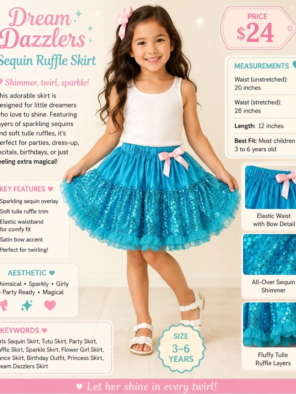 Girls Teal Sequin Tiered Dance Skirt